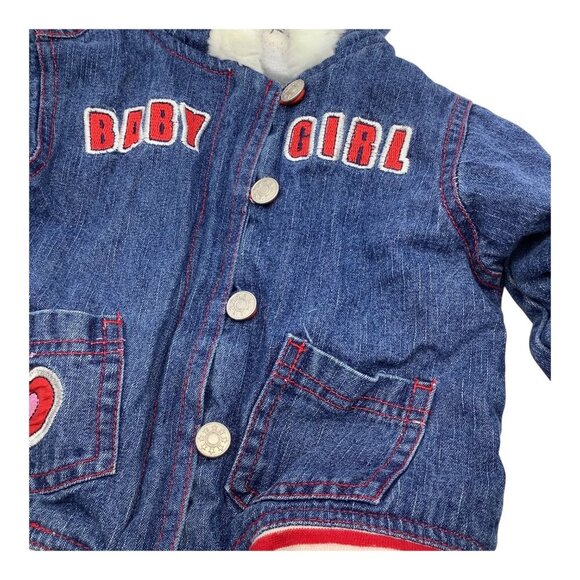 Mon Petit Baby Girl Size 24M Denim Jacket With Faux Fur Hood & Heart Patch - Picture 16 of 16